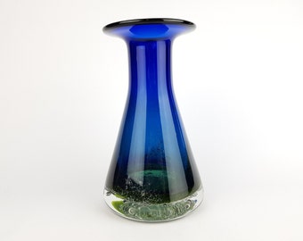 Vintage 1960-70s SCHOTT ZWIESEL Blue and Green GLASS Design Vase With Bubbles by Heinrich Löffelhardt West Germany