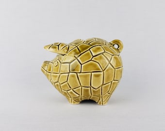 Vintage TILSO JAPAN Olive Green Figurine Piggy Bank Saving Money Box with Geometric Pattern Japanese Pottery