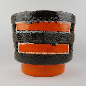 Maceta de cerámica vintage XL de Alemania Occidental, color naranja, con decoración marrón y blanca, década de 1970.