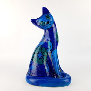 Vintage BELLINI Ceramiche Blue Cat with Floral Decor, Italian Pottery 1960-70, made in Italy