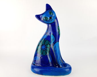 Vintage BELLINI Ceramiche Blue Cat with Floral Decor, Italian Pottery 1960-70, made in Italy