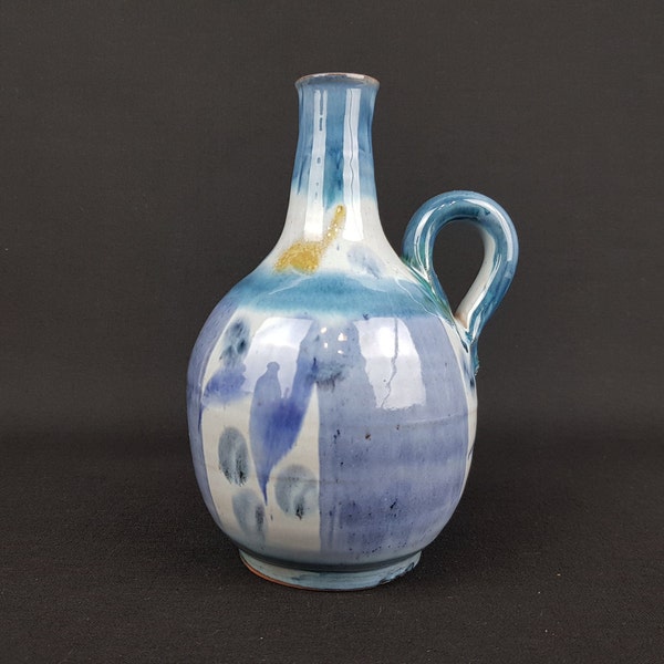 Vintage Blue and Lila Handled STUDIO POTTERY France Handled Vase French Pottery 60-70s