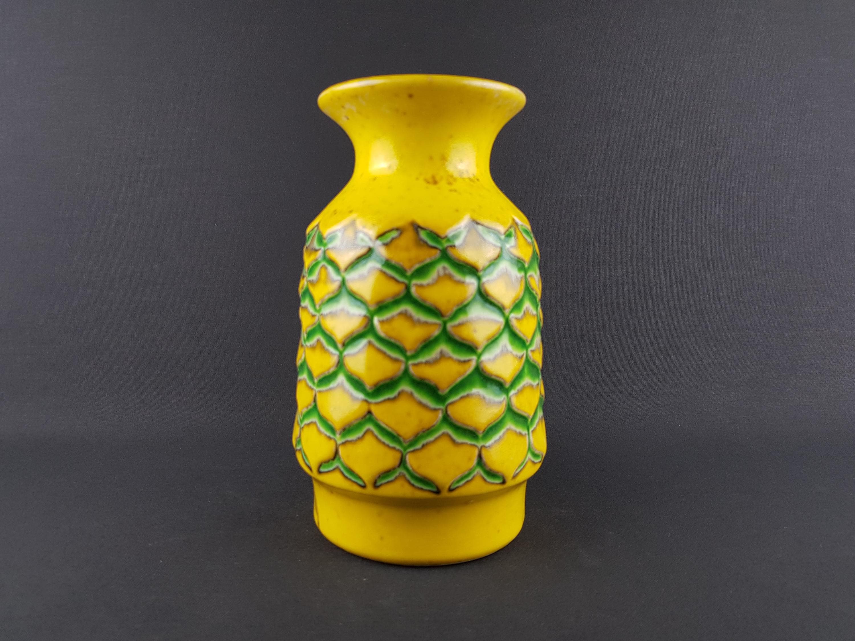 Vintage JASBA KERAMIK Yellow and Green Vase With Pineapple Decor