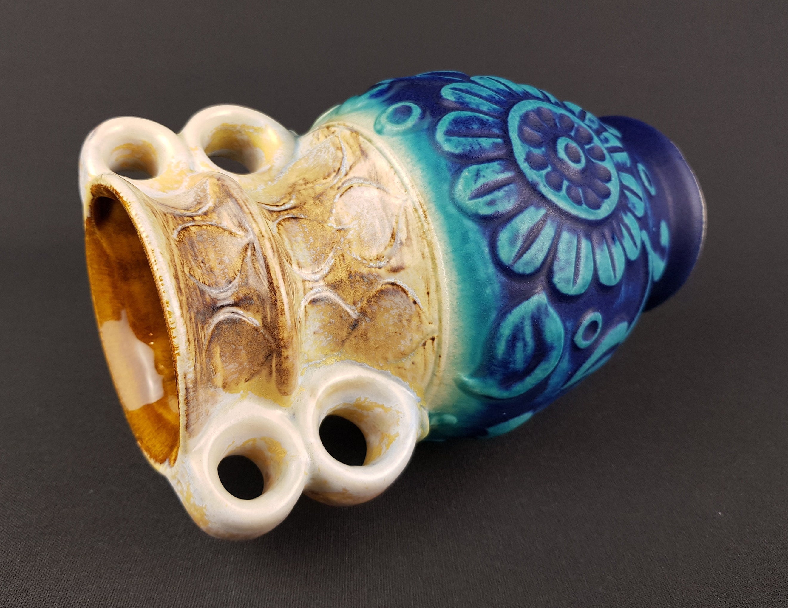 Vintage BAY KERAMIK Matte Blue Vase 86 20 With Floral Decor by