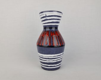 Vintage SCHEURICH KERAMIK Blue Vase With Red Zigzag and White