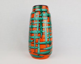 Vintage SCHEURICH KERAMIK Orange Vase With Blueish Green Striped Decor 203 26 West German Pottery 1970s
