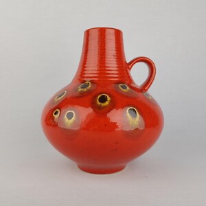Vintage FOHR KERAMIK Red Glazed Handled Vase With Peacock Decor 411 20 West German Pottery 1970s