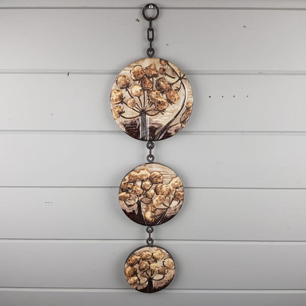 Colgador de pared vintage RUSCHA KERAMIK con cadena y 3 azulejos con decoración de árboles en 3D, cerámica de Alemania Occidental, década de 1960-1970