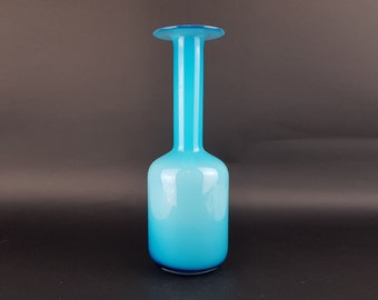 Vintage HOLMEGAARD KASTRUP GLAS Jarrón de bastón de vidrio con caja azul "Gulvase" de Otto Brauer Dinamarca