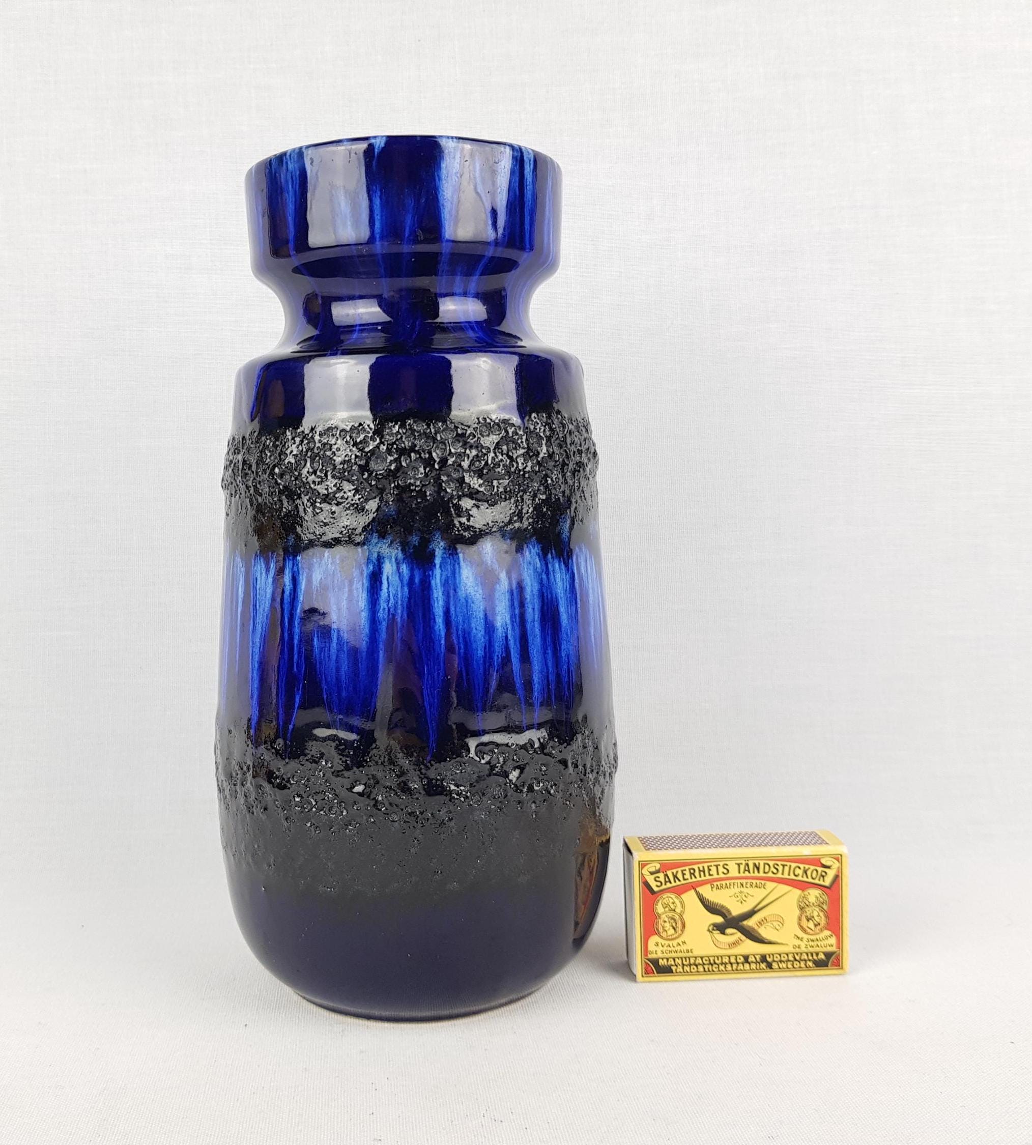 Vintage SCHEURICH KERAMIK Blue Vase With Black Fat Lava Decor 242