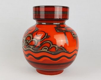 Vintage FLORA GOUDA HOLLAND Ceramic Orange Vase With Tokio Decor Dutch Pottery 1970s