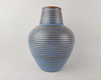 Vintage MARZI und REMY Stylish Blue Vase with Brown Ribbed Decor West German Pottery 1950-60's