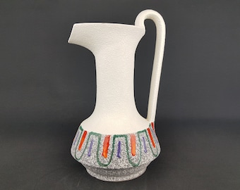 Jarrón jarra con asa vintage ROBERTO RIGON blanco y multicolor, 6T, cerámica italiana, década de 1960 y 1970