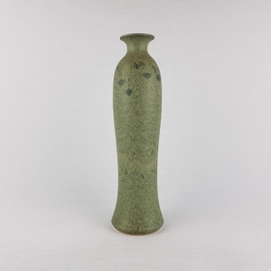 May include: A tall, slender, green ceramic vase with a speckled texture. The vase has a flared base and a narrow neck. Small, darker green floral accents are visible near the top. The vase is approximately 12 inches tall.