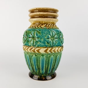 Vintage BAY KERAMIK Beige Turquoise Vase 72 25 West German Pottery 1966