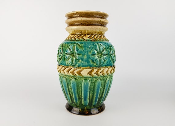 Vintage BAY KERAMIK Beige Turquoise Vase 72 25 West German