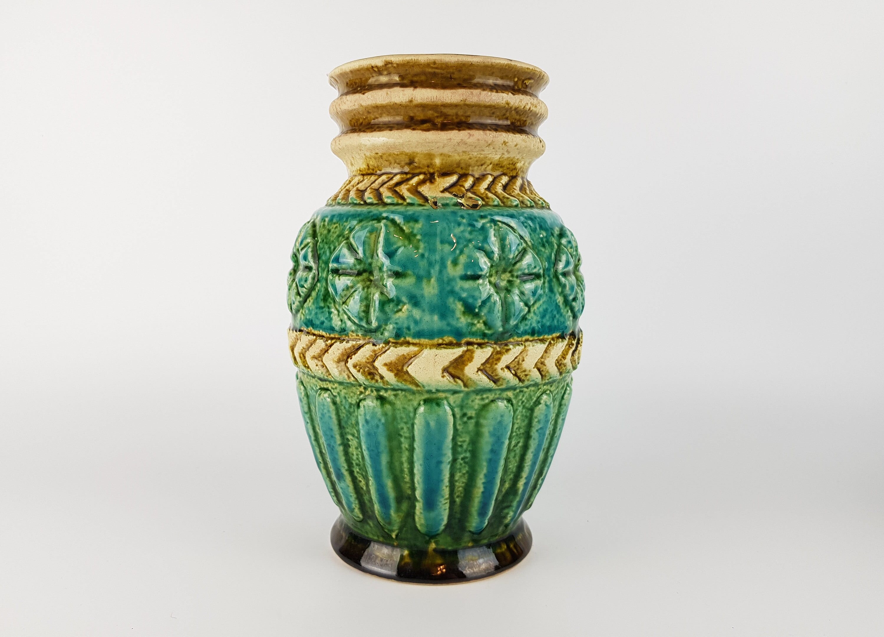 Vintage BAY KERAMIK Beige Turquoise Vase 72 25 West German