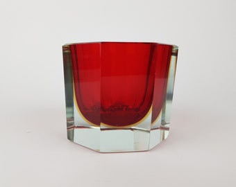 Vintage MURANO SOMMERSO GLASS Red and Yellow Bowl Candle Holder by Alessandro Mandruzzato Italian Art Glass 1960-70s
