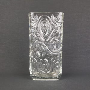 Rare Vintage HERMANOVA HUT Clear Glass Vase With Woodgrain Pattern by Frantisek Peceny SKLO Union from Czech Republic 1968s