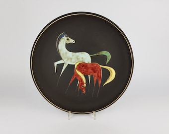 Vintage ARNO KIECHLE KERAMIK Engobe Wall Plate with Horses Decor 430S West German Pottery