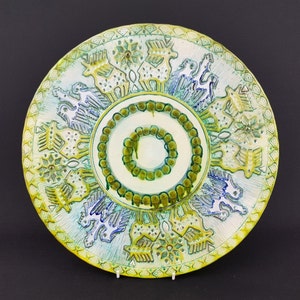 Vintage Green and Blue STUDIO ART POTTERY Signed Wall Plate with Incised Pattern 1980s
