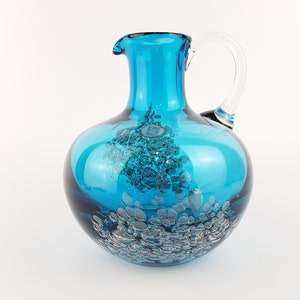 Vintage SCHOTT ZWIESEL Blue GLASS Design Handled Jug Vase With Florida decor by Heinrich Loffelhardt 1960-70s