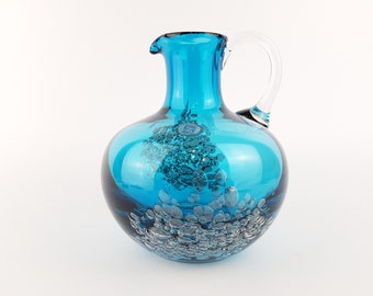 Vintage SCHOTT ZWIESEL Blue GLASS Design Handled Jug Vase With Florida decor by Heinrich Loffelhardt 1960-70s
