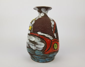 Vintage FRATELLI FANCIULLACCI Vase With Sailing Ships Decor 1960s Italian Pottery Italy
