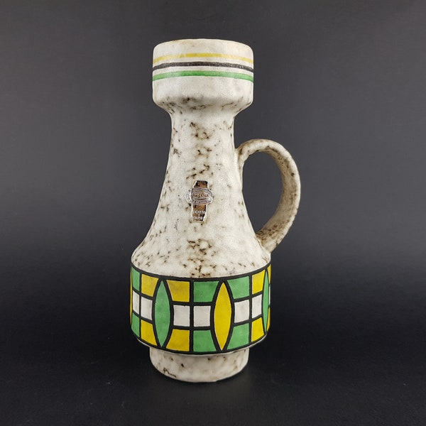 Vintage JASBA KERAMIK jarrón manejado con patrón amarillo y verde 220 22 Form und Farbe Serie Alemania Occidental 1950-60s