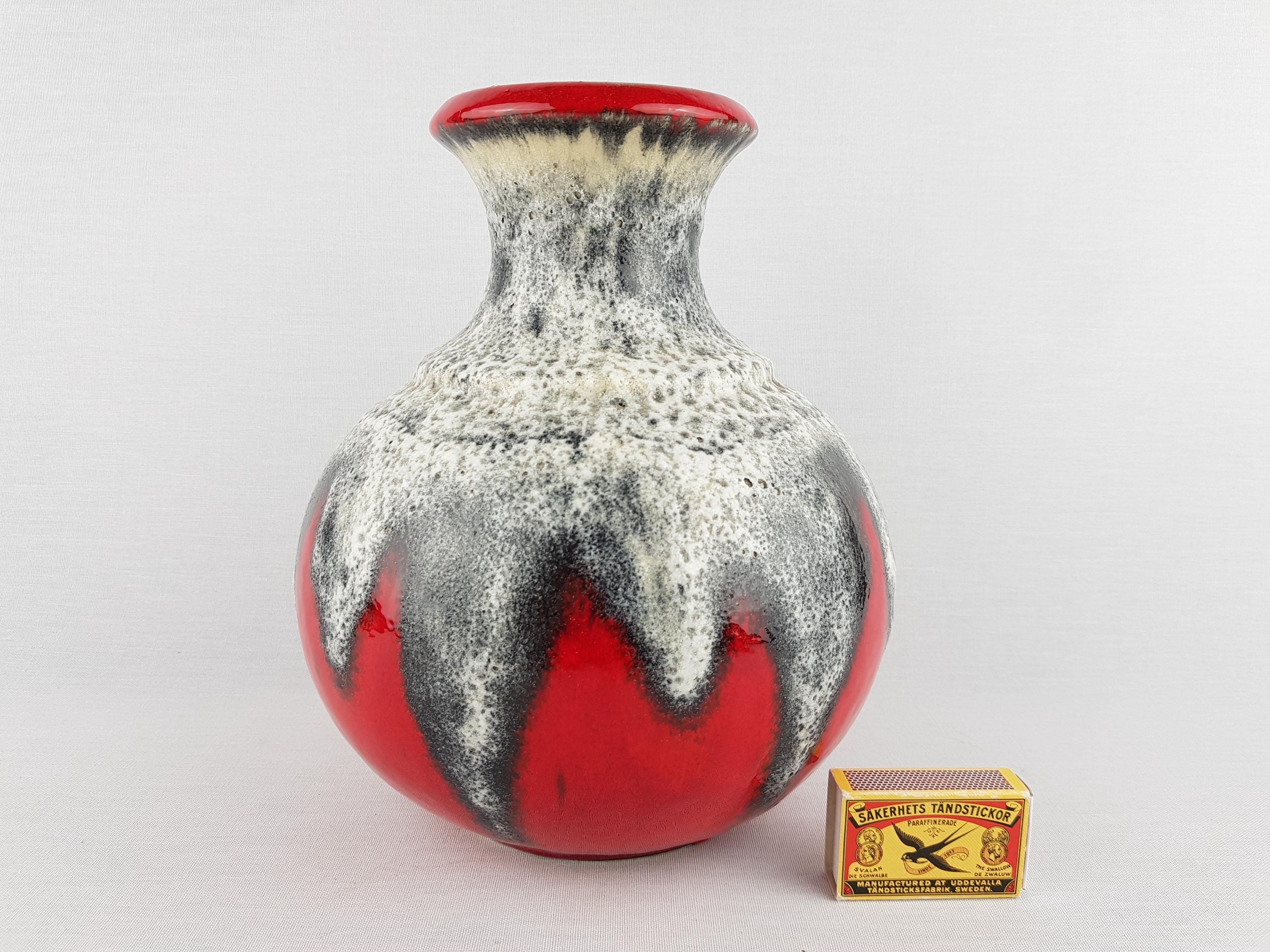 Vintage BAY KERAMIK Red Vase With White and Gray Dripped Fat Lava