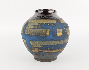 Vintage CARSTENS KERAMIK Blue Vase With Ankara Style Decor 652 13 West German Pottery 1960s Fat Lava Era