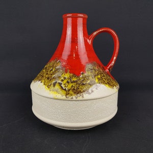 Vintage Beige DÜMLER & BREIDEN Red Yellow Keramik Fat Lava Handled Vase 1970s