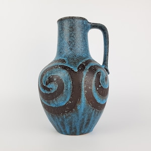 Vintage CARSTENS KERAMIK Blue Handled Vase With Swirls Decor West German Pottery 1960s - 1970s