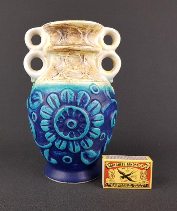 Vintage BAY KERAMIK Matte Blue Vase 86 20 With Floral Decor by