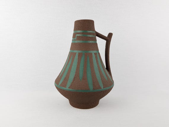 ヴィンテージ STEIN KERAMIK 緑と茶色の取っ手付き花瓶 44 25 西ドイツ