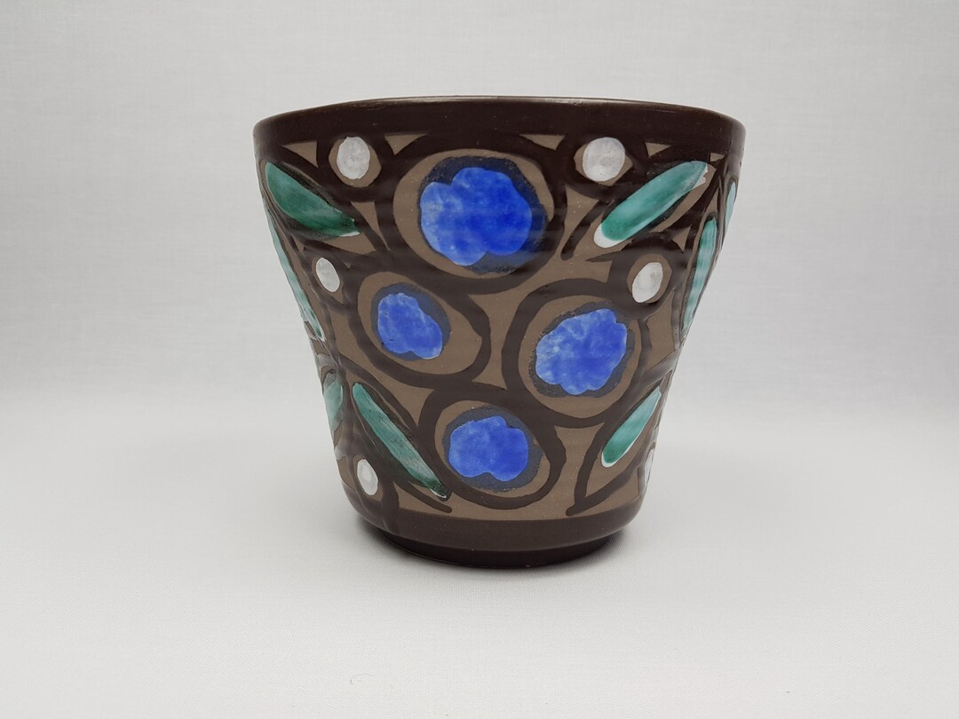 Pot Veb Vintage VEB STREHLA Flower Pot Planter Brown With Flowery Leaf Decor ...