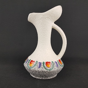 Vintage White and Multicolored ROBERTO RIGON Handled Pitcher Vase 6 Italian Pottery 1960s 1970s