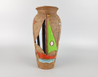 Vintage FRATELLI FANCIULLACCI Vase with Sailing Boats Decor Italian Pottery 1960s