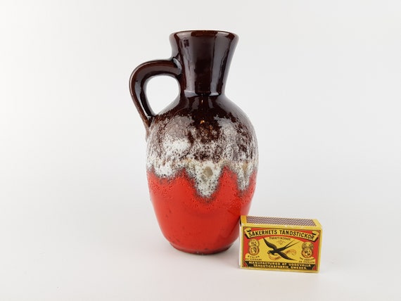 Vintage BAY KERAMIK Brown and Red Fat Lava Handled Vase West 