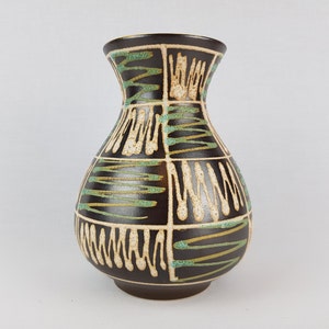 Vintage BAY KERAMIK Brown Vase With Beige and Green Zig Zag Decor 663-30 West German Pottery 1957