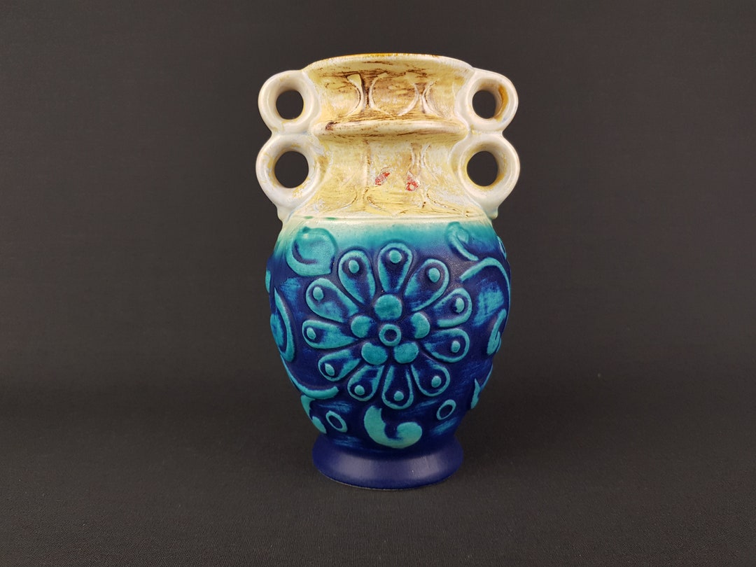 Vintage BAY KERAMIK Matte Blue Vase 86 20 With Floral Decor by