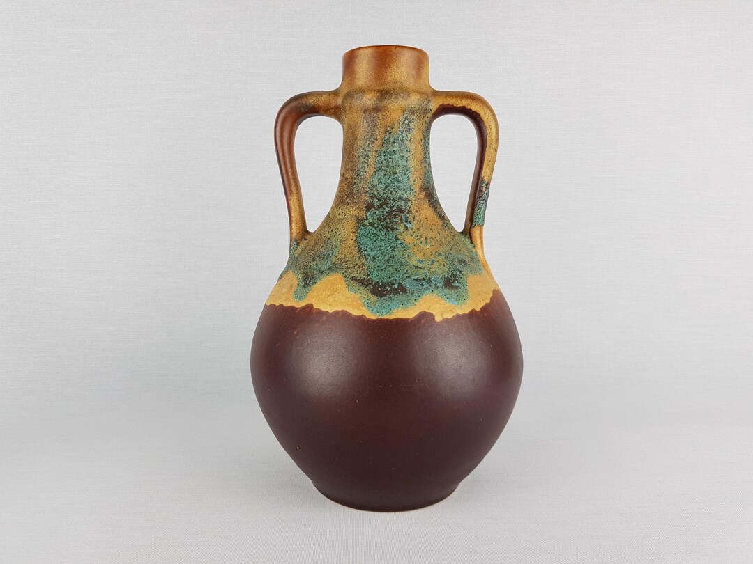 Vintage SILBERDISTEL FAYENCEN Double Handled Brown and Yellow Vase