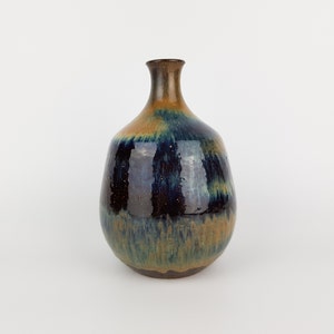 Vintage RUDI STAHL KÜNSTTÖPFEREI Studio Art Pottery Brown Black Blue Shiny Vase West German Pottery  1950s