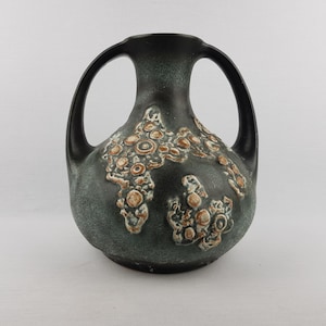 Vintage WALTER GERHARDS Topferei Double Handled Green Vase with 3D Decor 700-25 West German Pottery 1960s (with repaired handle !)