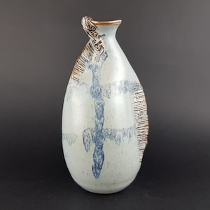 Vintage GREEK STUDIO ART Pottery Vase Grey With Blue Accents Fat Lava Era Greek Pottery 1970s