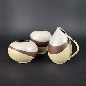 Vintage SIERHAHN STEINZEUG FABRIK Set of Three Vases with Yellow and Brown Accents West German Pottery 1950s