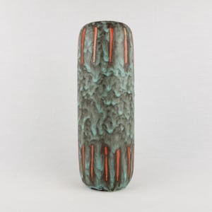 Vaso vintage UBELACKER (U-KERAMIK) in lava verde con decoro inciso arancione 486-25, ceramica della Germania occidentale, anni &#39;60