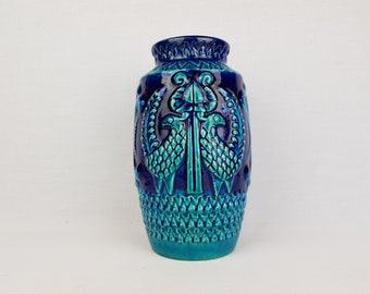 Vintage BAY KERAMIK Blue, Turquoise Vase 960-25 with Peacock Decor by Bodo Mans West German Pottery 1970s Fat Lava Era