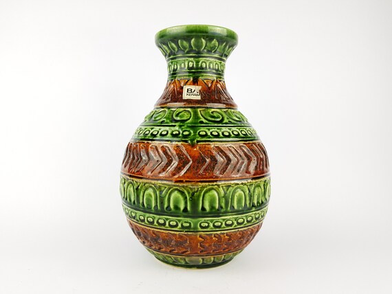 Vintage BAY KERAMIK Fat Lava Vase Green and Brown by Bodo Mans 92 