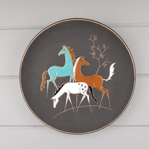 Vintage RUSCHA KERAMIK Wall Plate with Horses Decor 717 2 West German Pottery 1960s